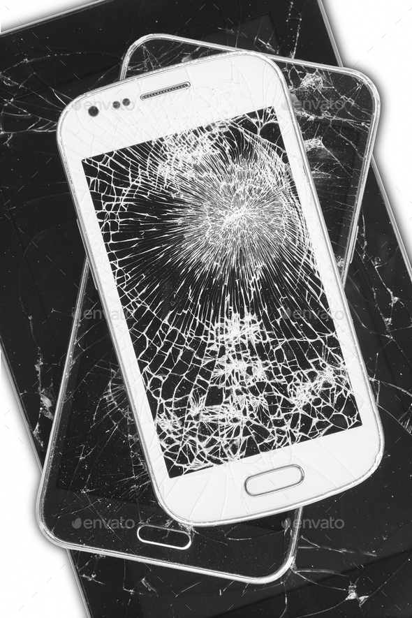 Smartphones with damaged screens isolated on white. Repair equipment