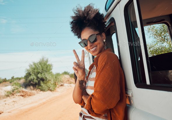 Travel, van and woman with peace hand sign on road trip in Mexico, happy, relax and smile. Summer,