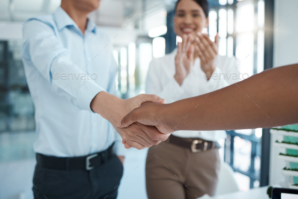 Management shaking hands with applause of meeting, consulting and hiring agreement of deal, partner