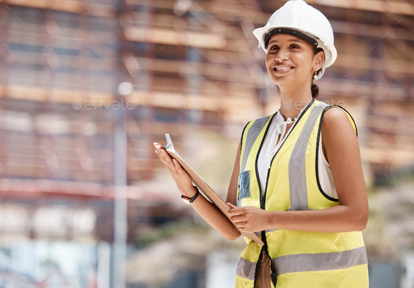 black woman, engineer and building safety manager with quality compliance checklist. Happy architec