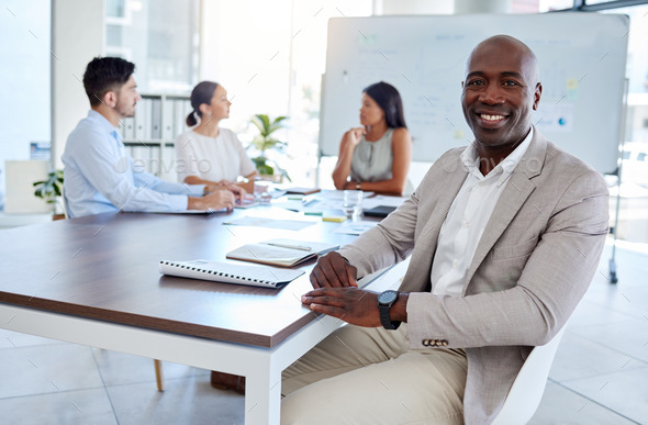 Black man, business meeting and portrait in office, startup and ...