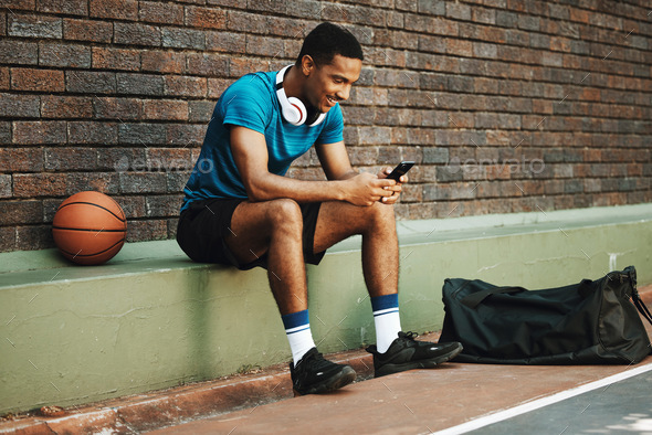 Man, basketball player or phone for social media app, health data analysis or motivation training s