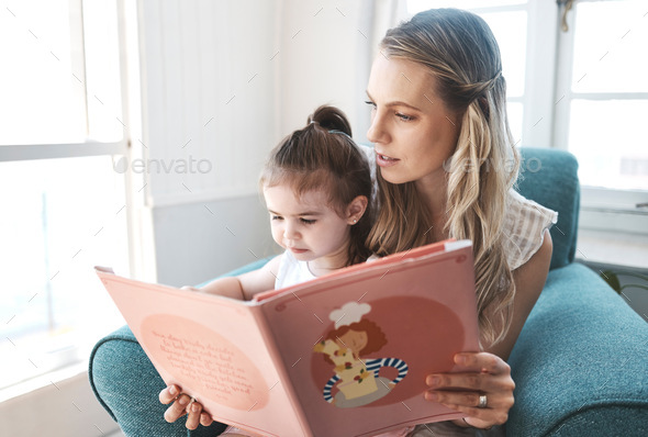 Mother, girl and reading kids book for child education development learning language, communication