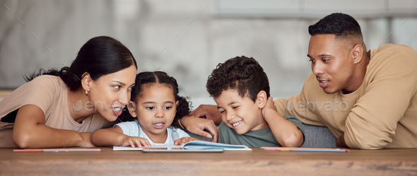 Mom, dad and kids with books for reading, learning and education in home together for bonding. Blac