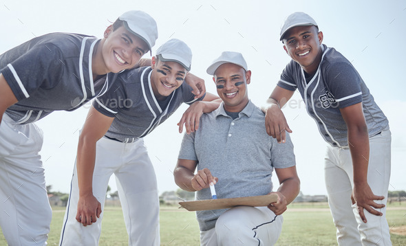 Baseball team, sports coaching and strategy, planning and collaboration for winner motivation on tr - Stock Photo - Images