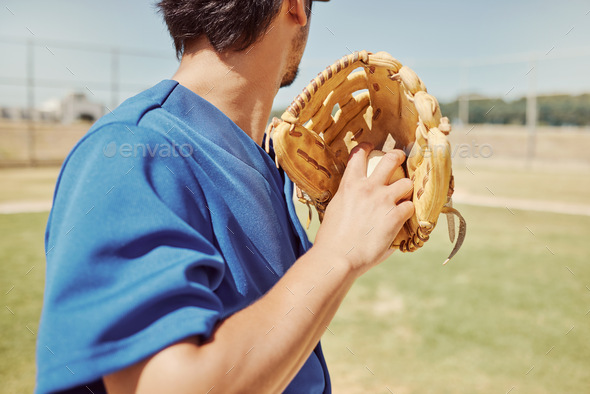 Baseball, sports and man pitching during a game, training and professional event on a field. Back o