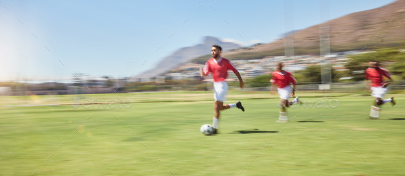 Sports, youth development and soccer players running on field with ball for game, goals and winning