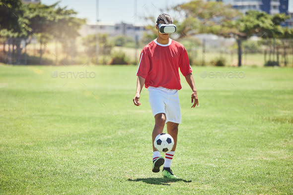 Soccer player man VR experience, innovation or digital cyber gaming on metaverse football field spo - Stock Photo - Images