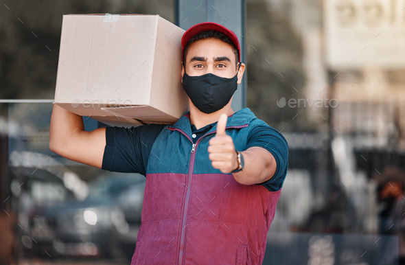 Thumbs up, box and man with face mask for delivery with export or transportation service. Success,