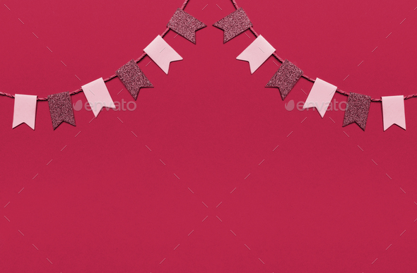 Party flags garlands set on pink background. New 2023 trending PANTONE 18-1750 Viva Magenta colour - Stock Photo - Images