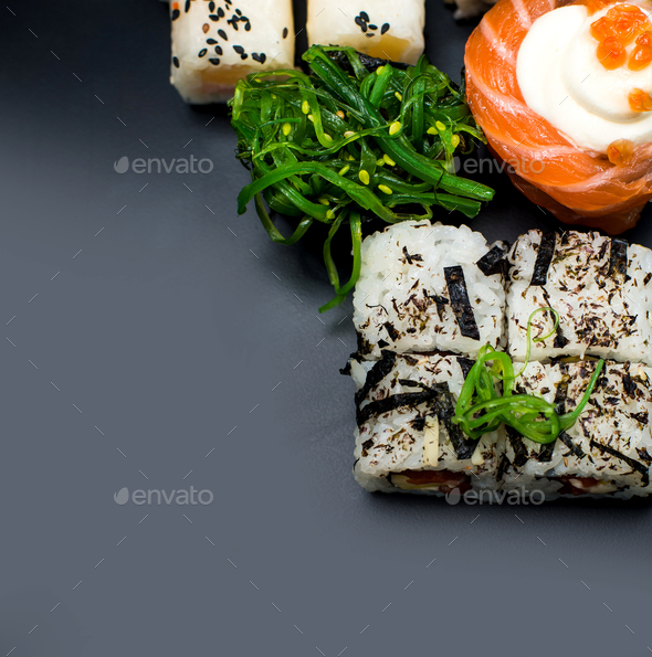 Set of 4 sushi isolated on white. Salmon - Sake, Eel - Unagi