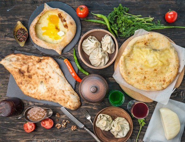 chebureki, khinkali, khachapuri and tatar cuisine, topview Stock Photo ...