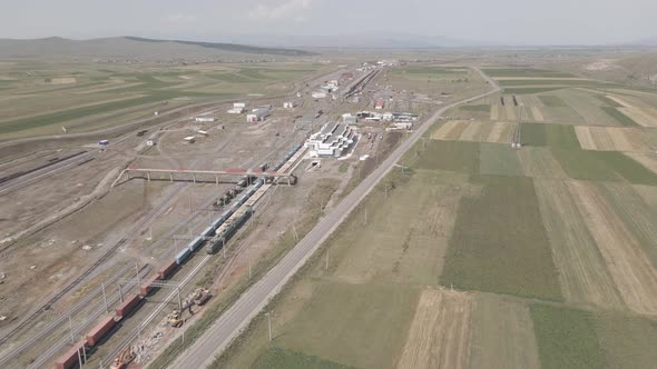 Samtskhe-Javakheti, Georgia - August 22 2021: Aerial view of Akhalkalaki railway station alt