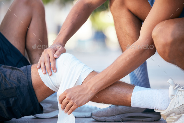 First aid bandage, knee wound and sports injury from fitness athlete fall on ground, accident and b