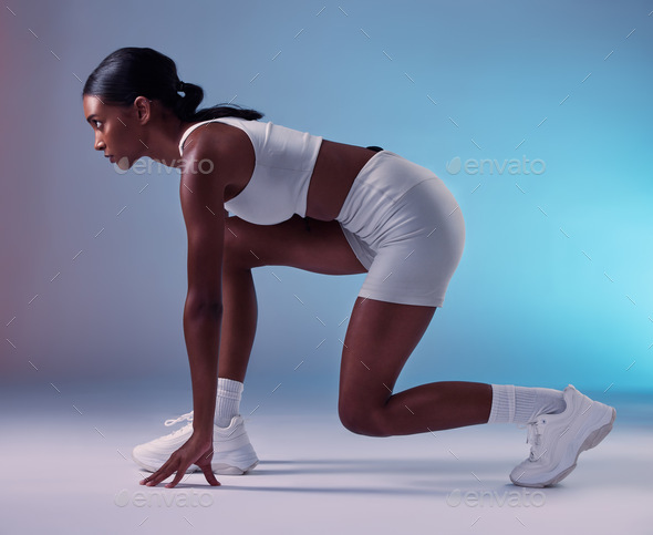 Runner start, fitness training and black woman focus on exercise, workout or ready for marathon car