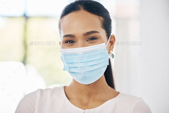 Woman, covid and mask, health and safety portrait, follow healthcare rules and regulations for prot