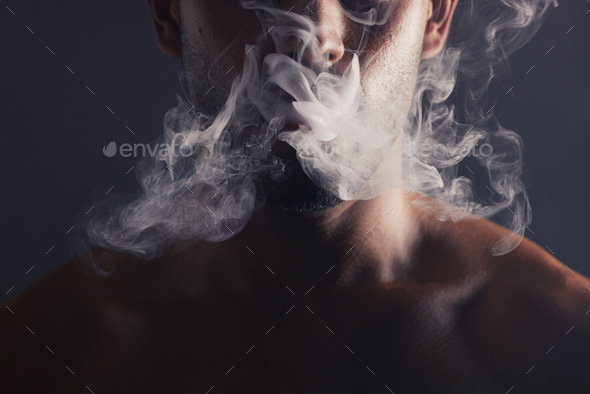 Smoke, cloud and face of man with pollution for marijuana smoker health campaign with zoom. Cannabi