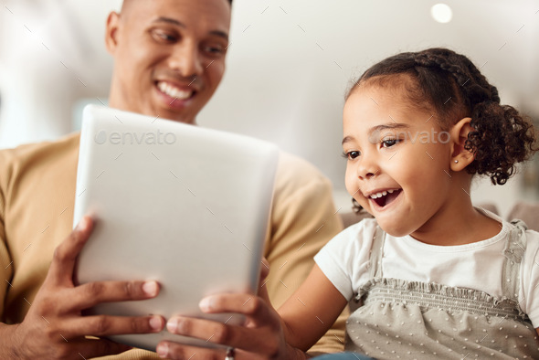 Happy family, digital tablet and girl bonding with father in a living room, happy, gaming and playi
