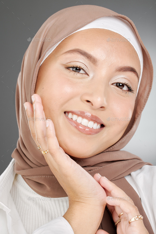 Muslim Beauty Woman Or Arab Model With Smile For Portrait Makeup Or Facial Skincare In Grey