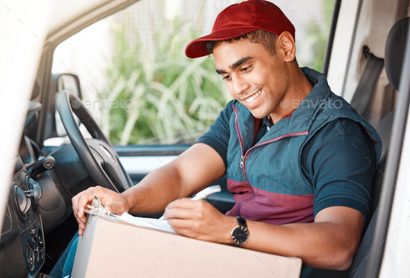 Delivery man, driver and writing on checklist or box working for ...