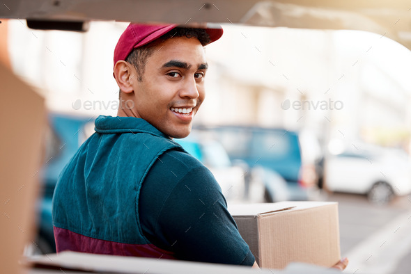 Logistics, smile and man with box at van looking back, trust and success in courier service for eco