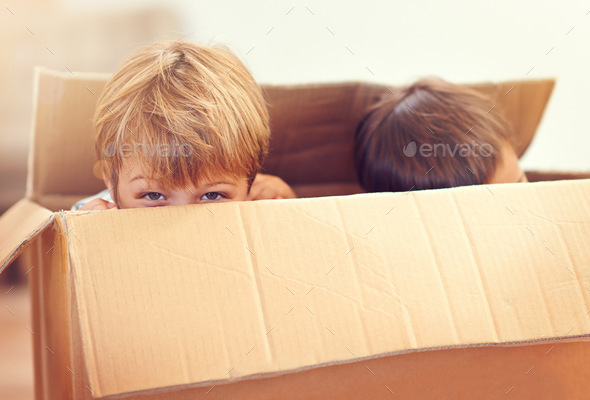 Wanna play a game of peek a boo. Two adorable young boys peeking out of a cardboard box.