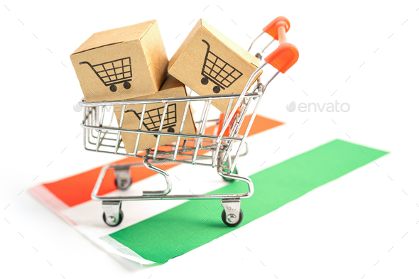 Box with shopping cart logo and Hungary flag, Import Export Shopping online