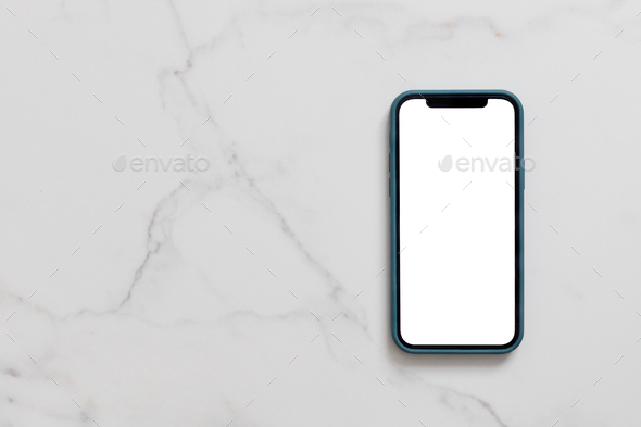 Smartphone with blank white screen in case on marble table, Mobile phone mock up - Stock Photo - Images