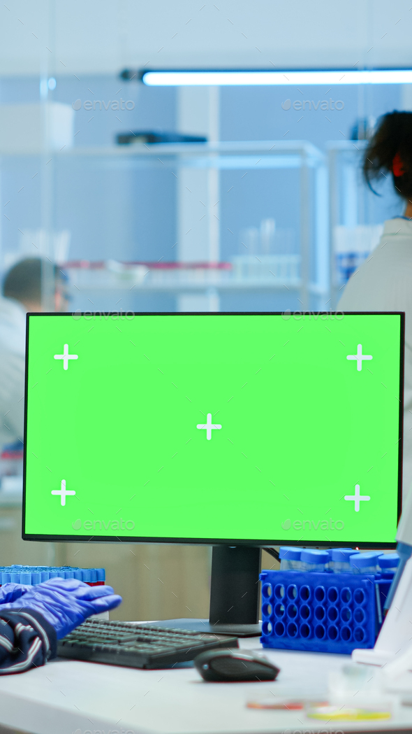 Medical research scientist working on pc with green screen