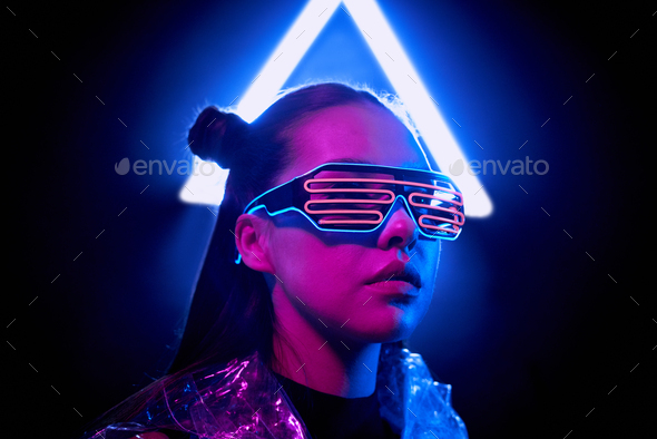 Cyber woman in wire LED glasses