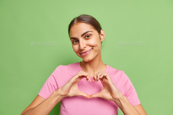 Romantic Pretty Young European Woman Shows Heart Love Gesture Shares Her Feelings With You