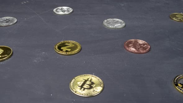 Crypto Coins Laying Spread Flat On Black Table Copy Space