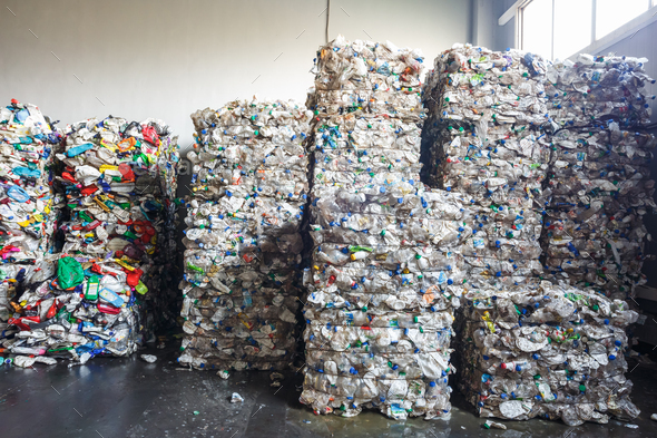 Plastic bales at the waste processing plant. Recycling and storage of ...