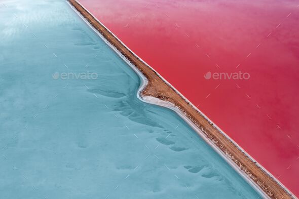 Aerial view of the salt-covered shore of the famous Pink Lake in Western Australia