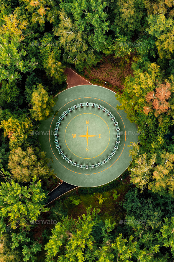 Aerial drone view of Rose of Wind sign in city park
