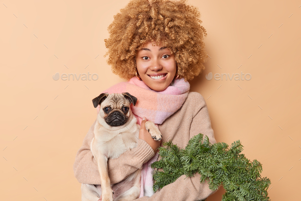 Positive curly haired woman poses with pedigree dog and green spruce wreath celebrates Christmas smi