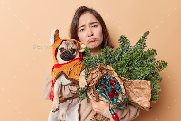 Upset Asian woman poses with favorite pet holds pug dog spruce branches and retro garland feels tire