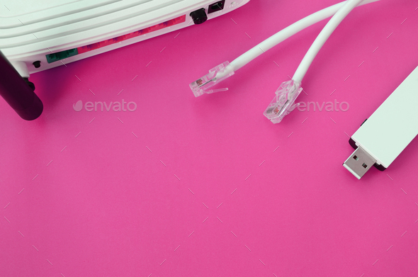 Internet router, portable USB wi-fi adapter and internet cable plugs ...