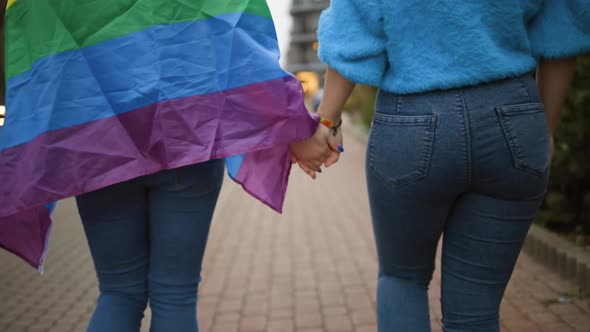 Backside View Female Lesbian Couple Holds Hands Wearing Rainbow Flag alt