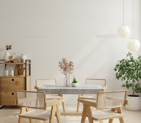 Modern dining room interior design with beige empty wall and minimal