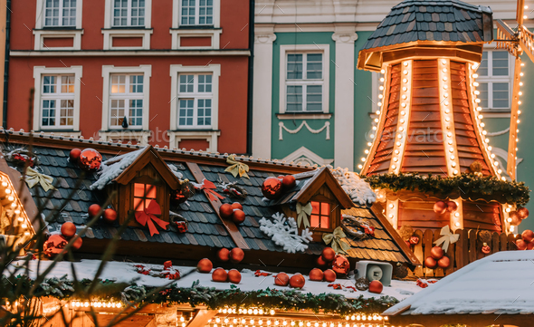Street illumination on roof of Christmas fair in Wroclaw, Poland - Stock Photo - Images