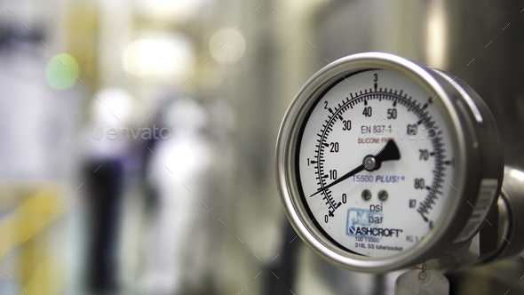 Close-up of pressure indicator in production. Scene. Counter pressure or revolutions in production