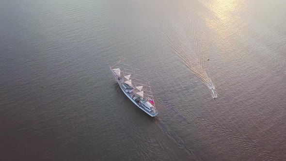 Aerial View of the Frigate Nadezhda Under Sail in the Amur Bay alt