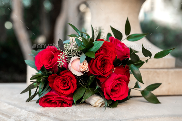 Bridal bouquet on Wedding Day, flowers of red roses for special event  - Stock Photo - Images