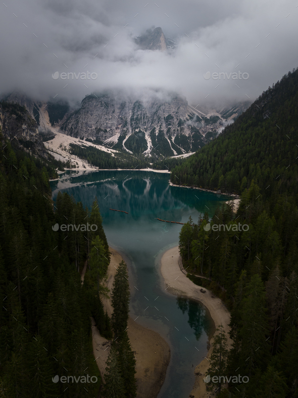 Lago Di Braies from the Sky - Stock Photo - Images