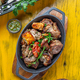 Bbq grilled meat - pork, chicken and vegetable on cast iron pan.  - PhotoDune Item for Sale