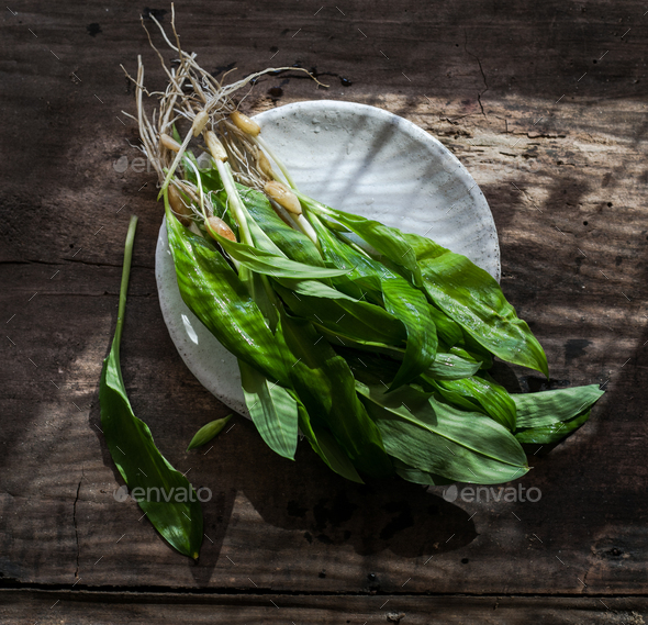 Leaves of wild garlic, lat. Allium ursinum, on white table. Decorated with ramson stem with unripe s - Stock Photo - Images