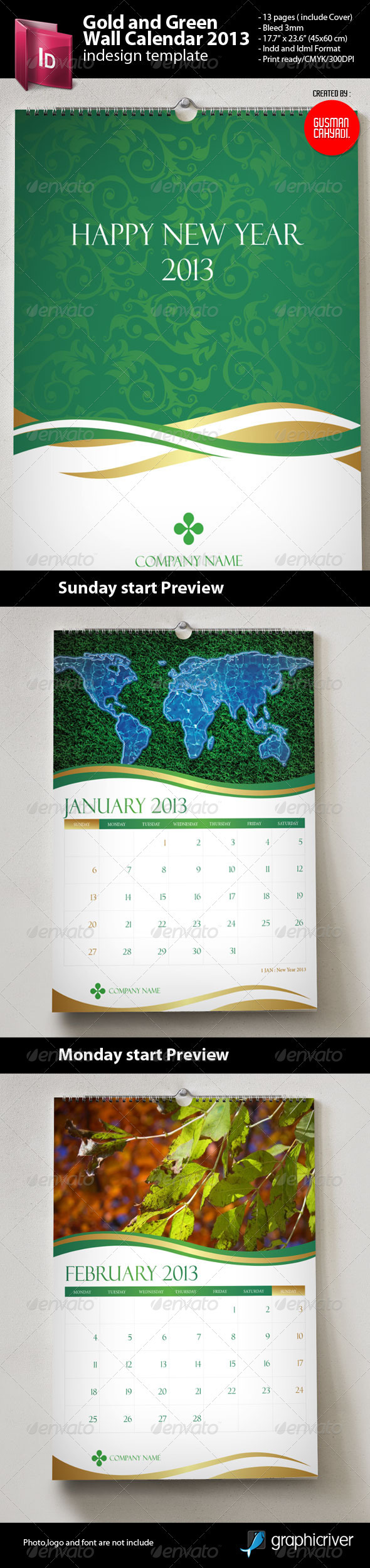 Gold and Green Wall Calendar 2013 - Calendars Stationery