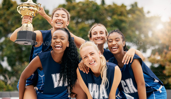Netball game, team sports and trophy winner in sport competition on court, collaboration for winnin - Stock Photo - Images