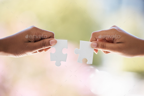 Puzzle, hands and businesspeople connected for company merger and support. Partner, collaborate and